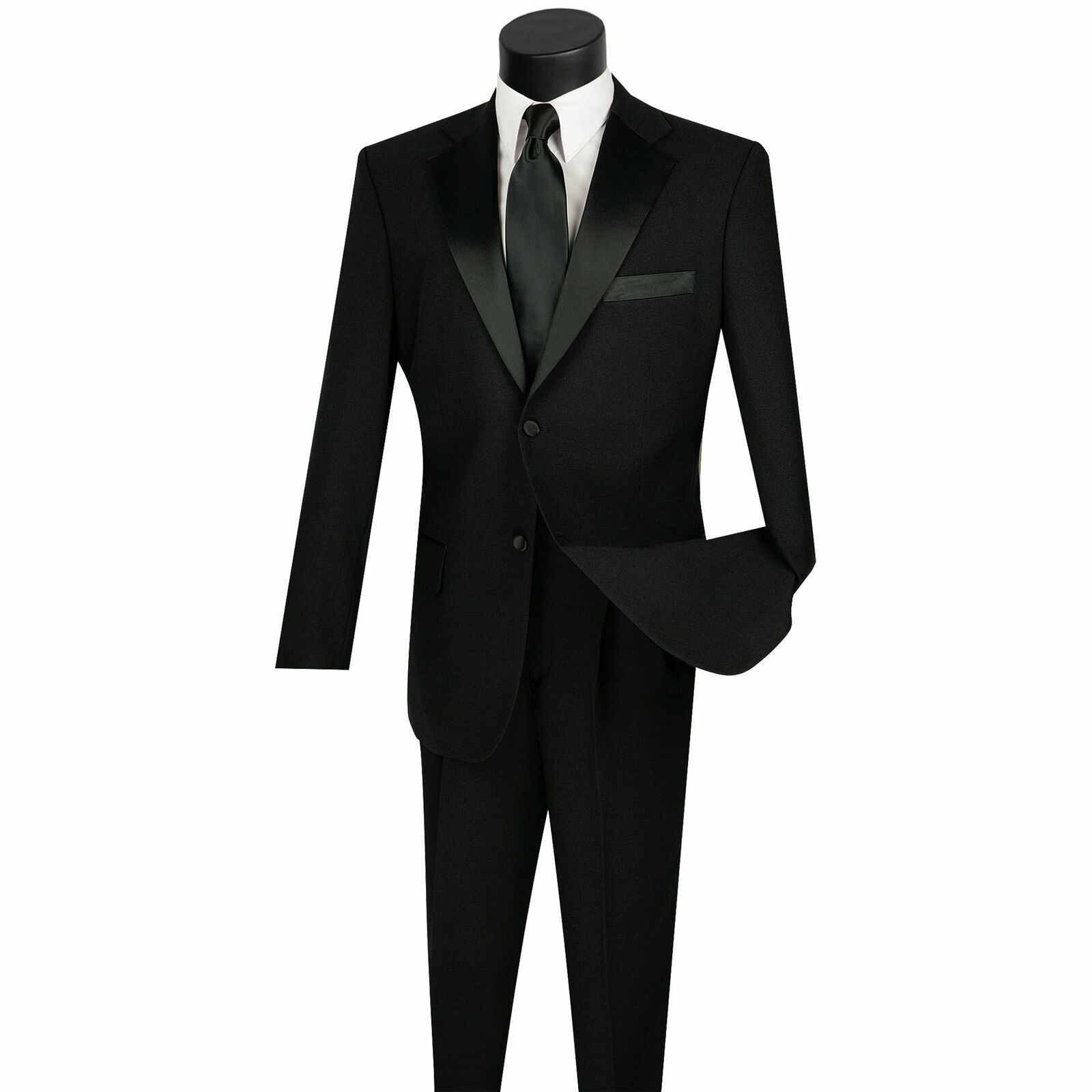LUCCI Men's Black Classic Fit Formal Tuxedo Suit w/ Sateen Lapel & Trim NEW