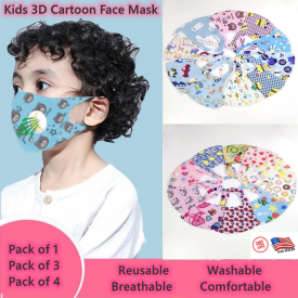 1/3/4 Pack Kids Face Mask 3D Cartoon Reusable Washable Breathable Face Cover USA