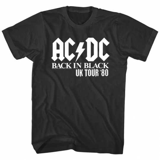 ACDC Back in Black UK Tour 1980 Men's T Shirt Live Concert Tee Hard Rock Band