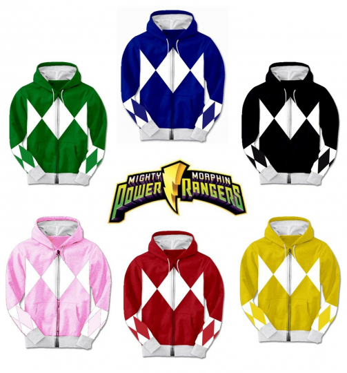 Adult TV Show Mighty Morphin Power Rangers Ranger Costume Hooded Zip Sweatshirt