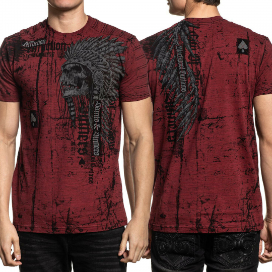 Affliction Renegade Indian Skull Headdress Saints Sinner Collage Men T-Shirt Red