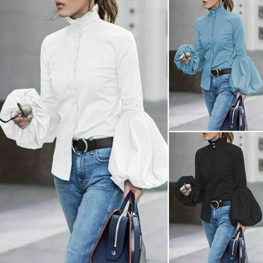 Button Puff Oversized Sleeve Blouse Casual Top Up Women High Shirt Neck Ladies