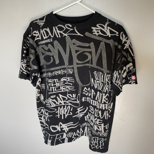 Element T-Shirt Size L Black All Over Print Graphic Skateboarding Cotton Mens