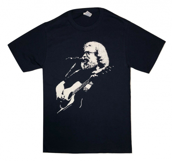 Grateful Dead Jerry Acoustic on a Navy T Shirt  S-3XL