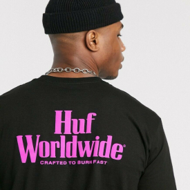 HUF Mens S/S T-Shirt FAST BURN Skate Board BLACK PINK Streetwear M $30