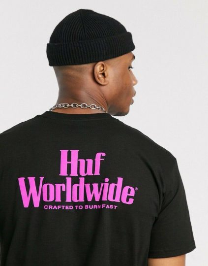 HUF Mens S/S T-Shirt FAST BURN Skate Board BLACK PINK Streetwear M $30