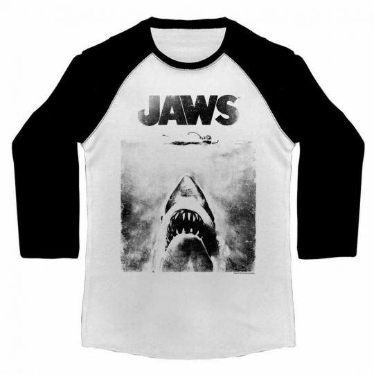 Jaws Shark Movie Poster Mens Raglan Shirt Vintage Long Sleeve Great White Attack