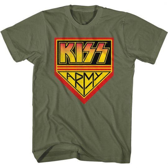 Kiss Army Fan Logo T Shirt Khaki Hard Rock Band Heavy Metal Concert Merch