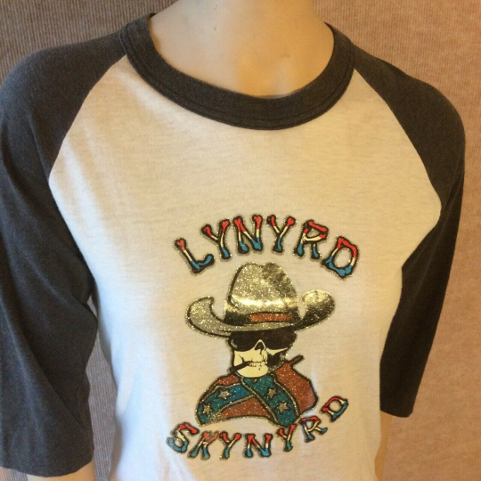 Lynyrd Skynyrd Vintage Retro T-Shirt Smoking Skull raglan baseball style glitter