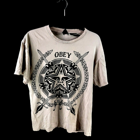 Men's White Obey Short Sleeve Cotton Distressed Made in USA Shirt Size Large