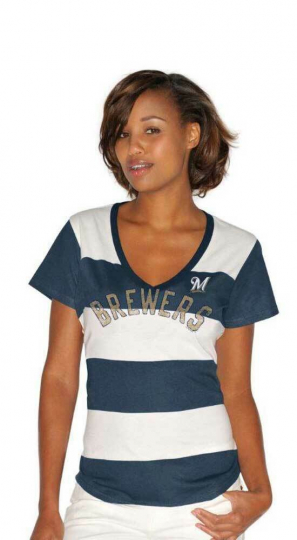 Milwaukee Brewers Striped Women's Blue/White V-Neck