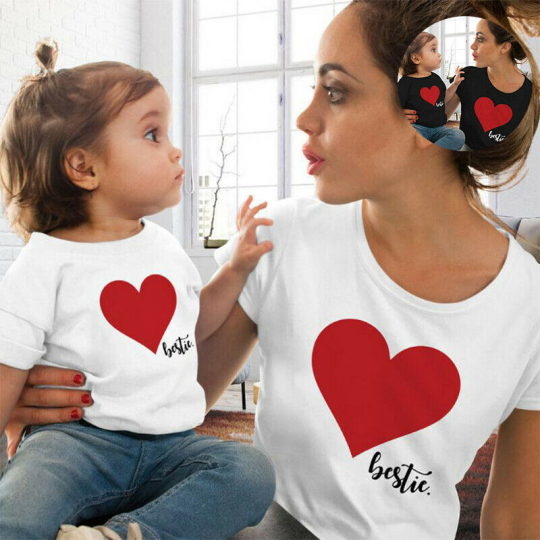 Mother Daughter Clothes Parent-child T-Shirt Heart Dress Matching Outfit Family
