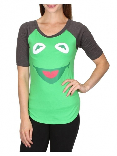 Muppets Kermit The Frog Face Women's Jrs 1/2-Sleeve Raglan T-Shirt, Green/Brown