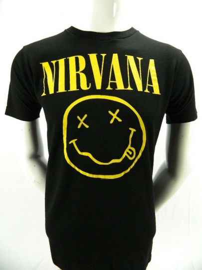 Nirvana Smiley Face Graphic Print Grunge Rock Band T Shirt Black Cotton M Cobain