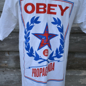 OBEY PROPAGANDA 89 MENS GRAPHIC TEE SHIRT SIZE LARGE RED WHITE AND BLUE