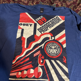 Obey Worldwide Propaganda T Shirt Mens Large Short Sleeve Blue Crew Neck Cotton