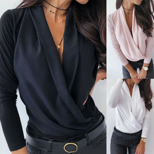 Plain Casual Long Sleeve V Neck Ladies Office Work Shirt Tops Women Blouse OL