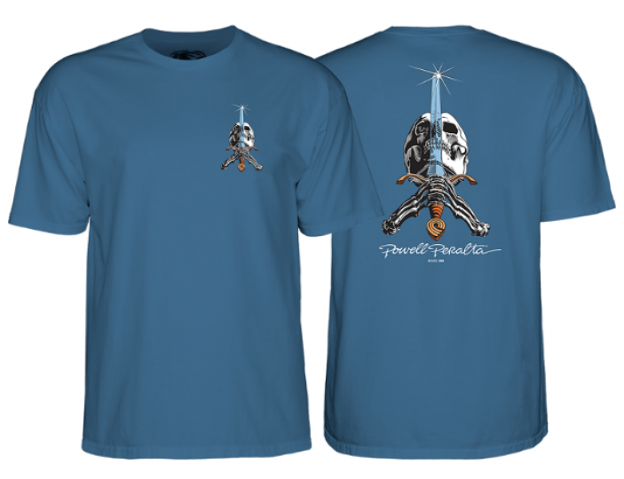 Powell Peralta Skull And Sword Slate Blue Ray Rodriguez Bones Brigade T-Shirt