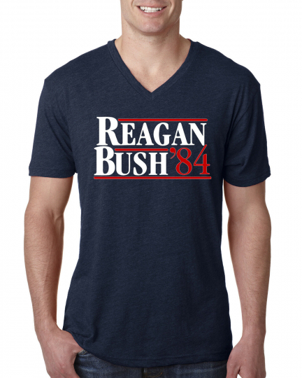 REAGAN BUSH 84 Retro Vee Neck T Shirt Ronald and George Republican Election 1984