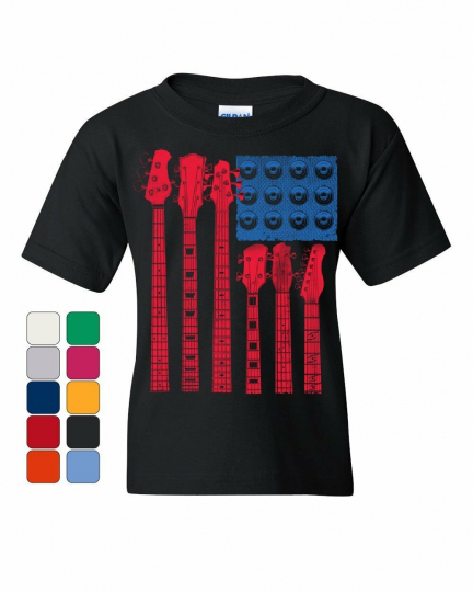 Rock & Roll Guitars Flag Youth T-Shirt Music Speakers 4th of July USA Kids Tee