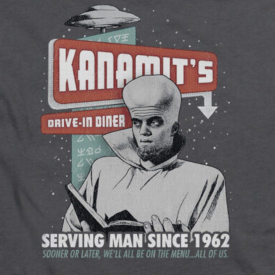 Twilight Zone TV Show KANAMIT’S DINER Serving Man Juniors V-Neck Tee Shirt