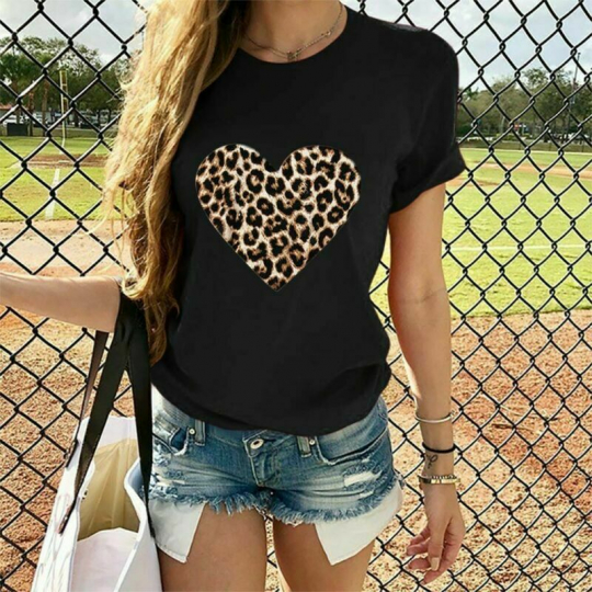 T Shirt Print Blouse Leopard Women Heart-Shaped O Neck Short Sleeve Casual Tops