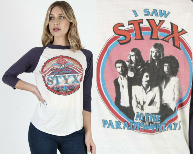 Vintage 80s Styx Paradise Theater 1981 Concert Tour Band Raglan Thin Tee T Shirt