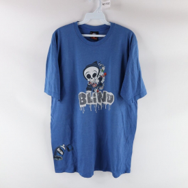 Vintage 90s Blind Skateboard Mens Large Spell Out Skull Graffiti T-Shirt Blue