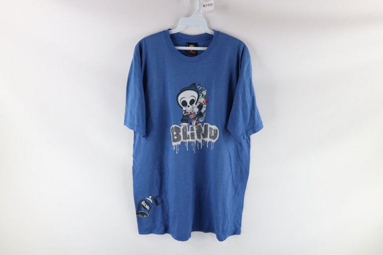 Vintage 90s Blind Skateboard Mens Large Spell Out Skull Graffiti T-Shirt Blue