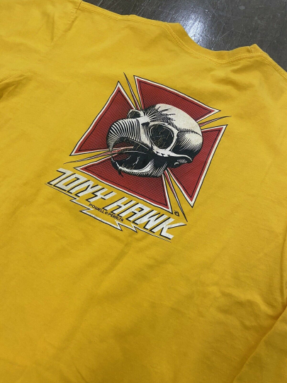 Vintage 90s Powell Peralta Tony Hawk Skater Yellow Double Sided T-Shirt Large