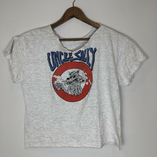 Vintage Uncle Sally Loud As Balls T-Shirt Mens Size S Grey Cut Sleeves Cropped