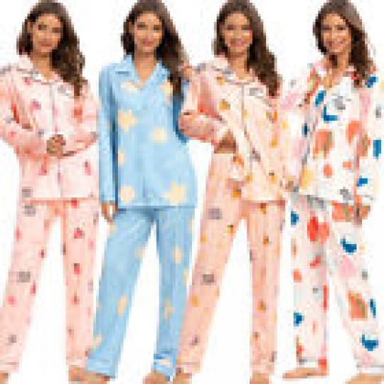 Women Cartoon Floral Long Sleeve Button Up Shirt Pants Winter Pajamas Sleepwear
