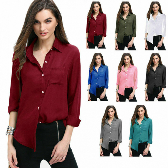 Women Chiffon Shirt Button Plain Loose Top Blouse Casual Formal Solid Color