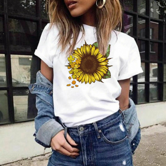 Women's Sunflower Graphic Print Short Tops T-Shirt Blouse Sleeve Casual O-Neck